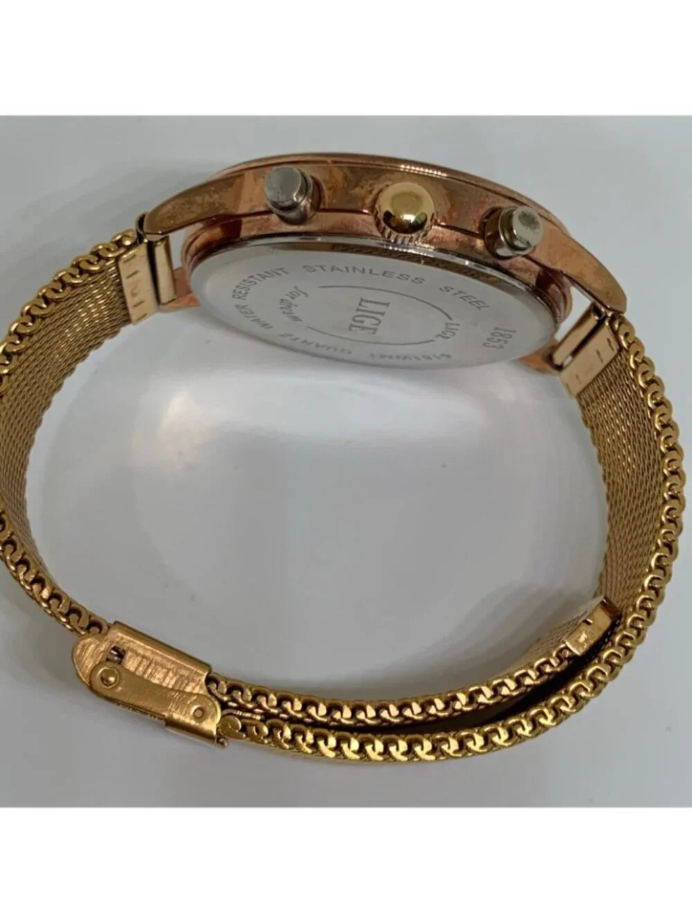 Lige Dream Mens watch date Moon Phase 44mm Gold Tone Black dial Quartz running